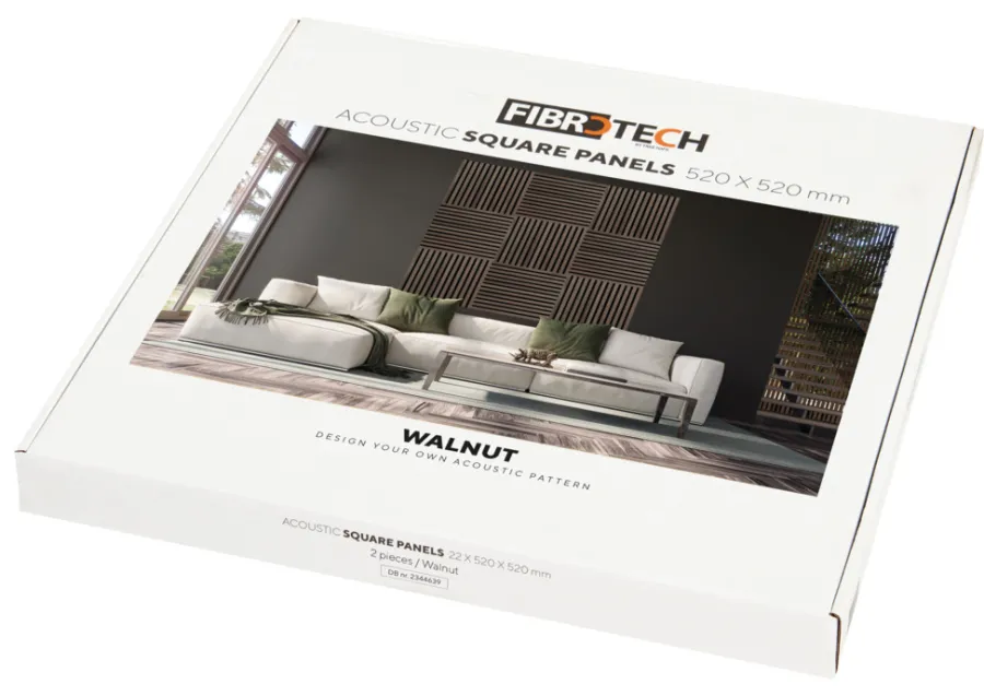 FibroTech Akustikpaneler & Tilbehør|Akustikpanel Square 22 × 520 × 520 mm 2-pk. Walnut