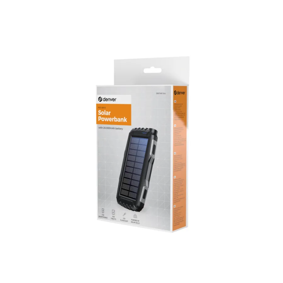 Denver Lyd & Tilbehør Til Mobiltelefoner|Campingudstyr|PSO-20010MK2 Solar Powerbank