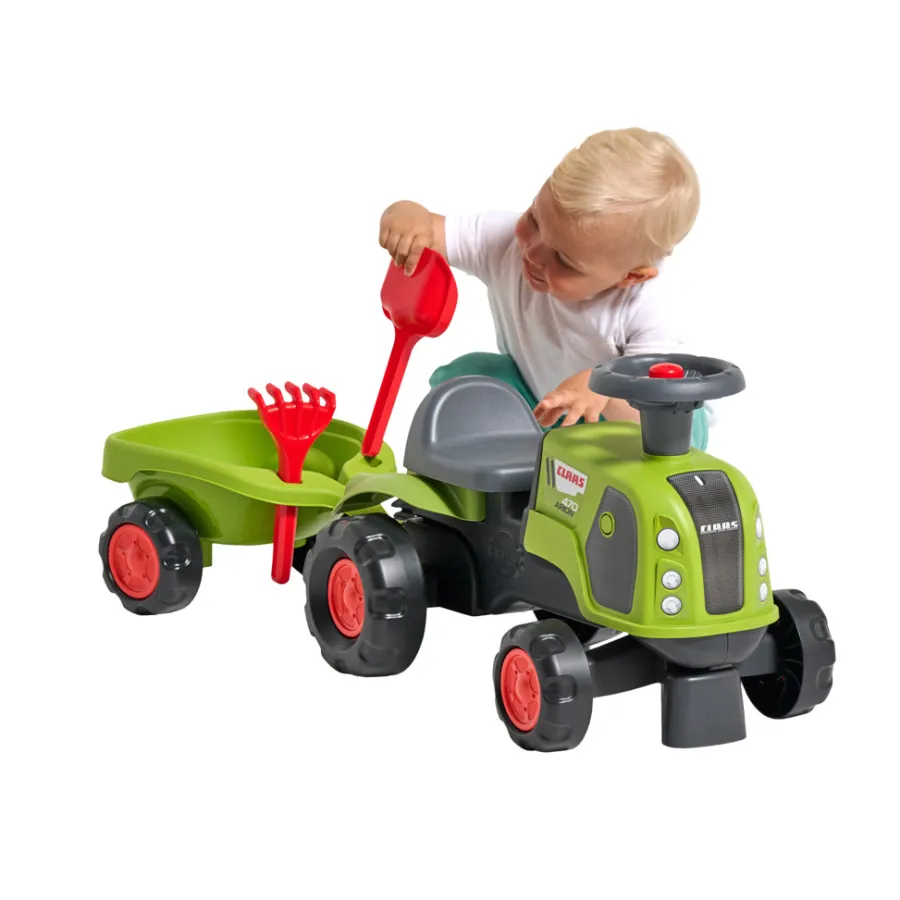 Falk Legetøj|Claas-traktor m/vogn, rive, skovl, rat og horn Rød/grøn/sort