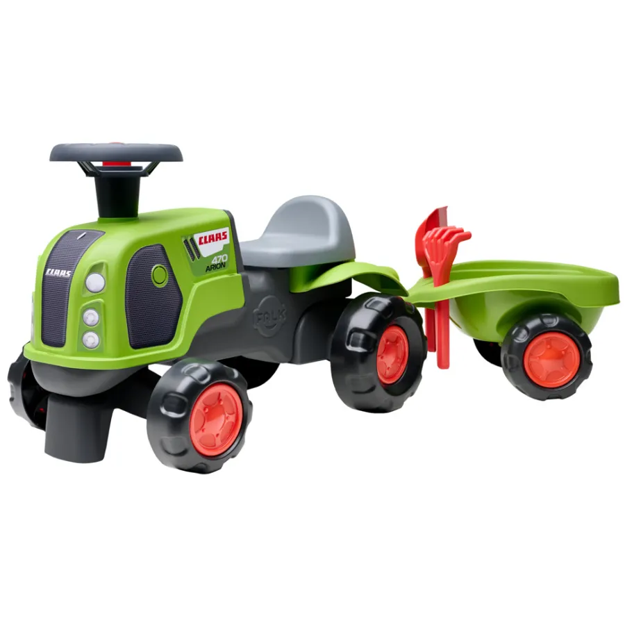 Falk Legetøj|Claas-traktor m/vogn, rive, skovl, rat og horn Rød/grøn/sort