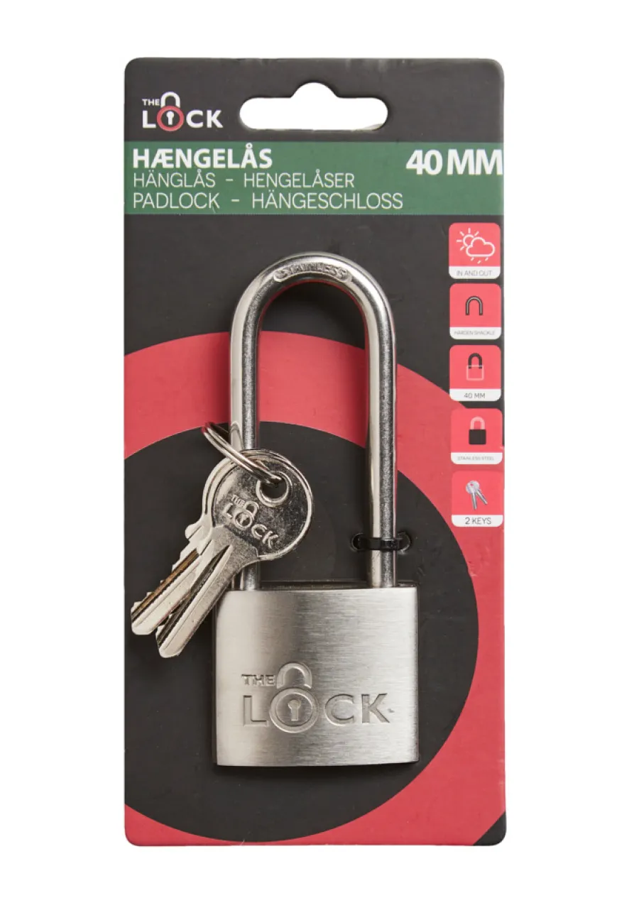 The lock Hængelåse|Hængelås m/to nøgler lang model 40 mm rustfrit stål Sølv