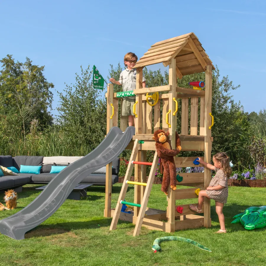 Jungle Gym Jungle Gym Legetårne|Safari legetårn m/rutsjebane & klatrevæg grå Natur