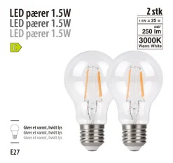 Led-Pærer|LED-filamentpære 1,5 W E27 2-pk.