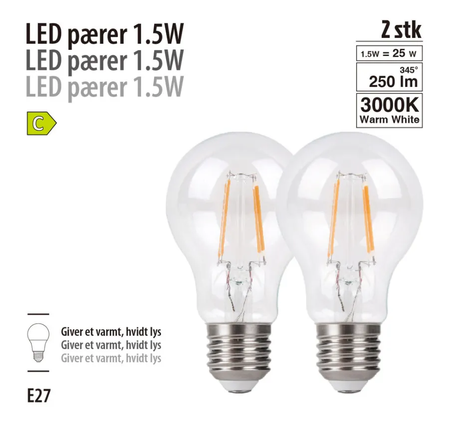 Led-Pærer|LED-filamentpære 1,5 W E27 2-pk.