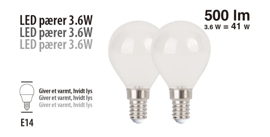 Led-Pærer|LED-kronepære 3,6 W E14 2-pk.