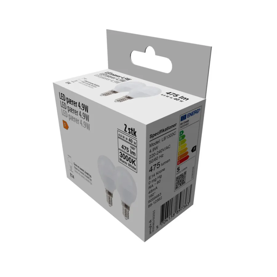 Led-Pærer|LED-kronepære 4,9 W E14 2-pk.