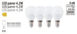 Led-Pærer|LED-pære krone 4,2 W E14 4-pk.