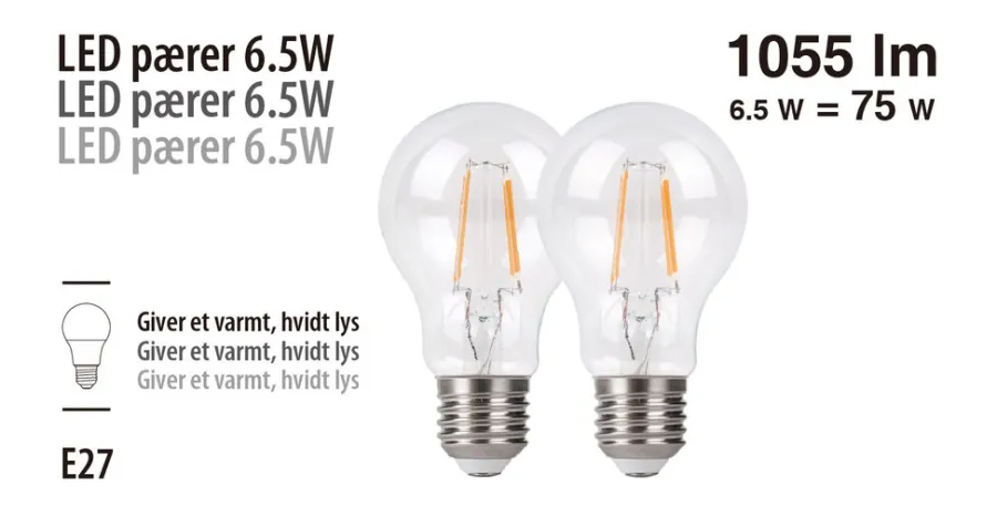 Led-Pærer|LED-pære standard 6,5 W E27 2-pk.