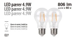 Led-Pærer|LED-pære standard 4,9 W E27 2-pk.