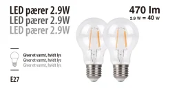 Led-Pærer|LED-pære standard 2,9 W E27 2-pk.