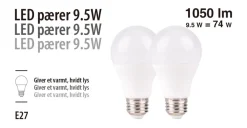 Led-Pærer|LED-pære standard 9,5 W E27 2-pk.