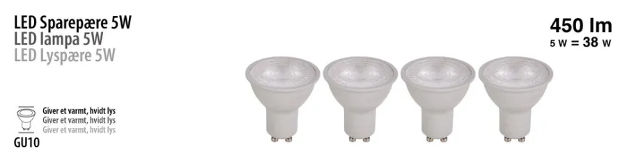 Led-Pærer|LED-spotpære GU10 5 W LED SMD 4-pk.