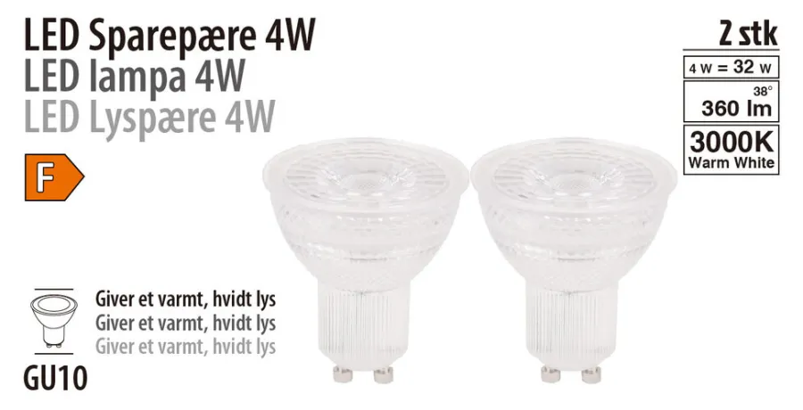Led-Pærer|LED-spotpære 4 W GU10 2-pk.
