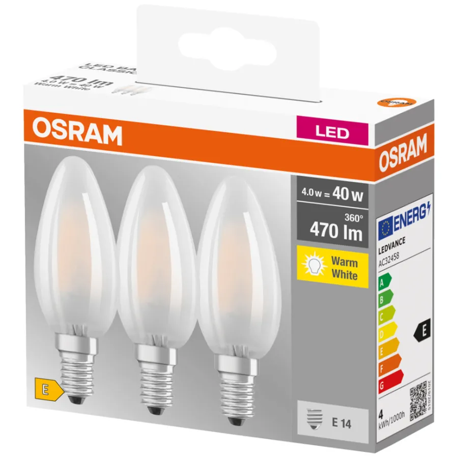Osram Led-Pærer|LED Base kertepære E14 4 W 3-pk.
