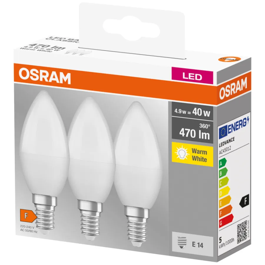 Osram Led-Pærer|LED kertepære E14 4,9 W 3-pk.