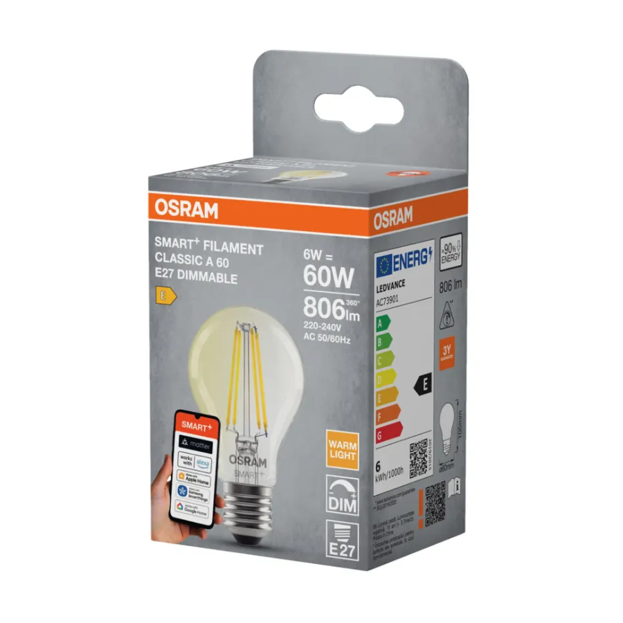Osram Led-Pærer|Smart Pærer|SMART+ filament pære standard hvid E27 6 W