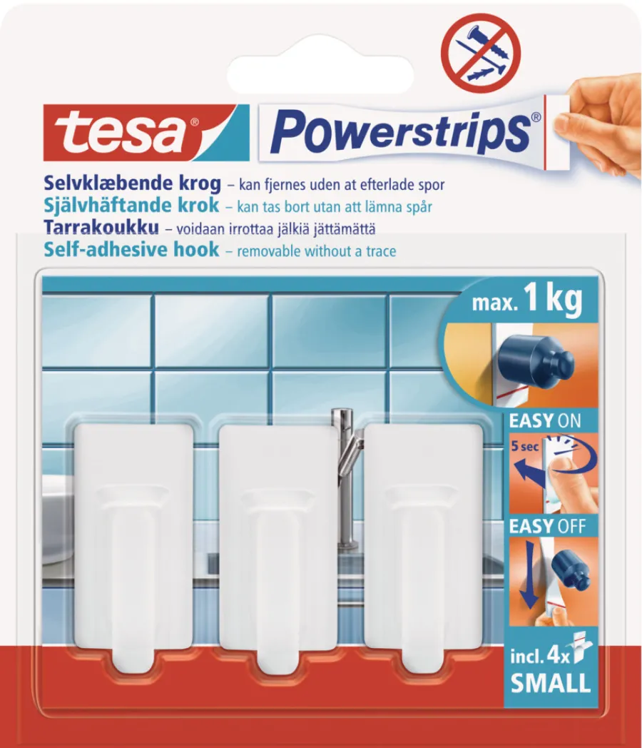 tesa® Klæbesøm|Powerstrips Kroge Classic Small 1 kg - 3 stk. Hvid