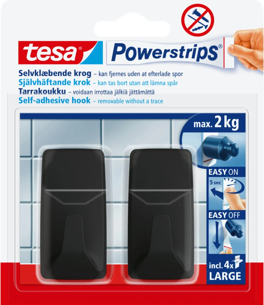 tesa® Klæbesøm|Powerstrips Kroge Large 2 kg - 2 stk. Sort