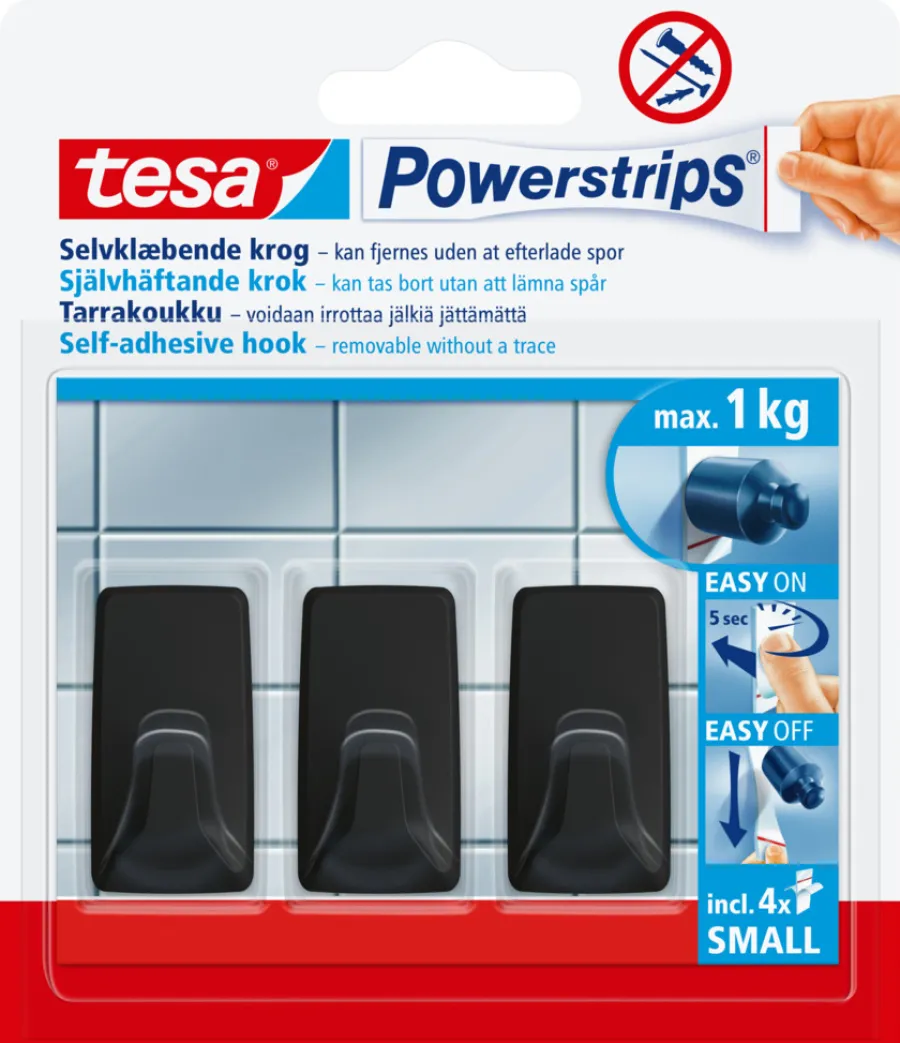 tesa® Klæbesøm|Powerstrips Kroge Small 1 kg - 3 stk. Sort