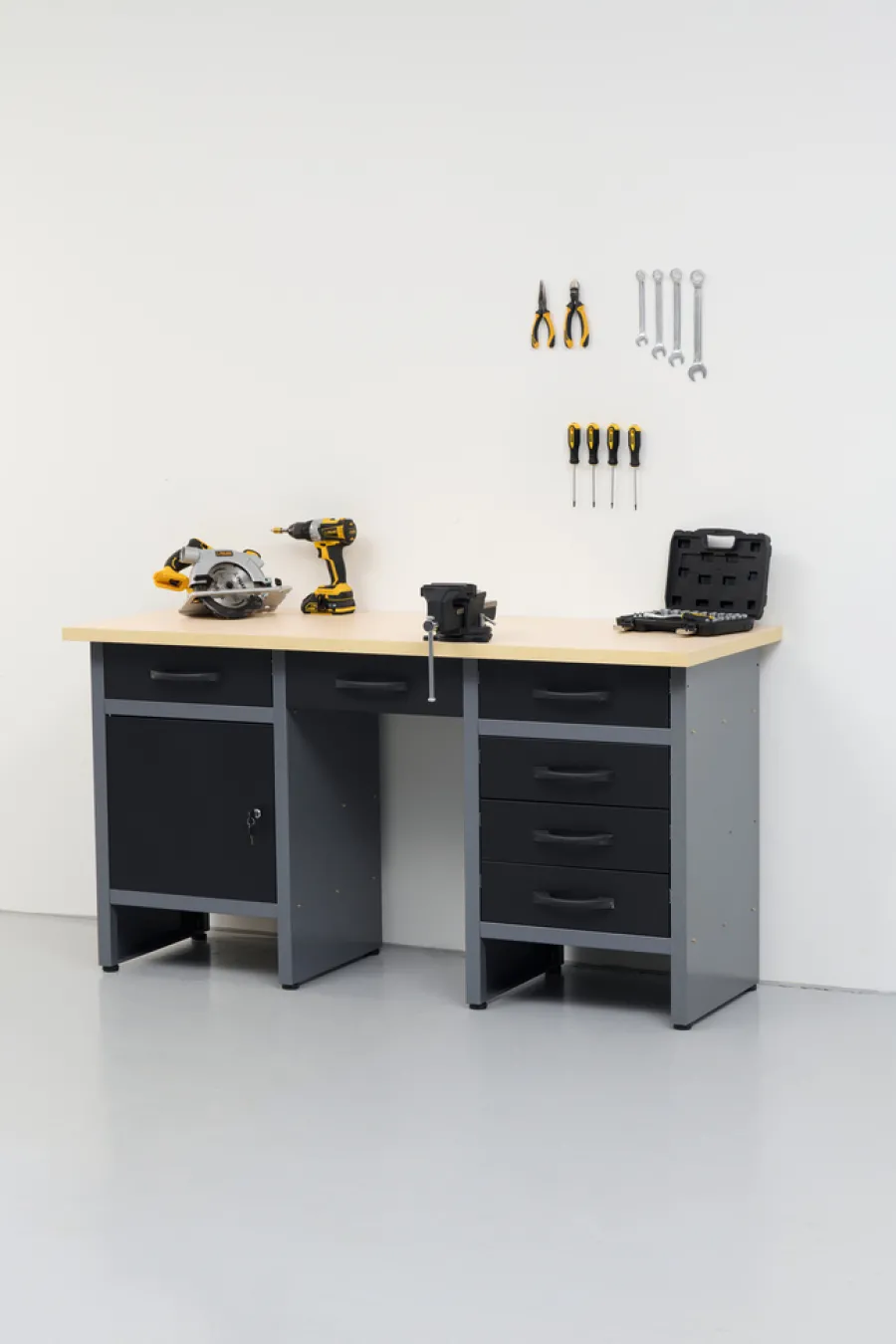 Arbejdsborde & Reoler|Værkstedsbord med skab/skuffer 160 x 60 x 85 cm