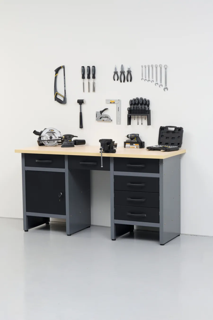 Arbejdsborde & Reoler|Værkstedsbord med skab/skuffer 160 x 60 x 85 cm